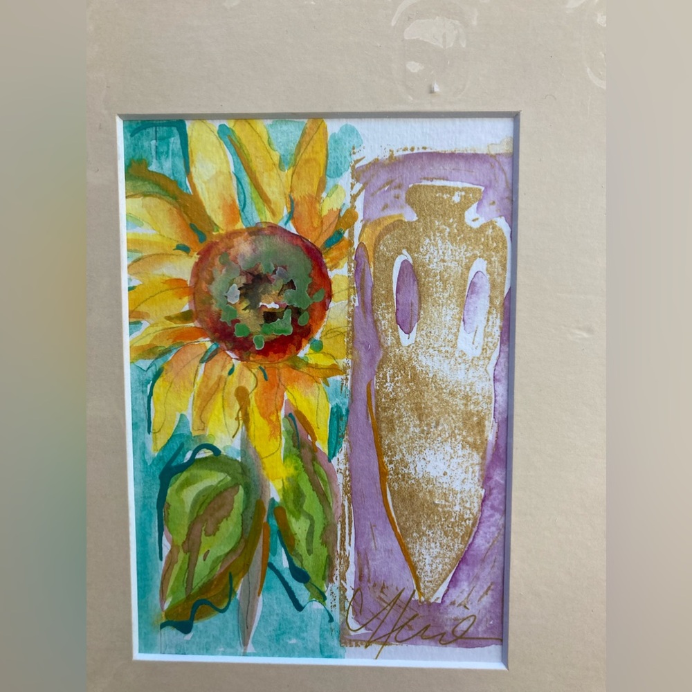 Sunflower And Urn”An Original Mixed Media Watercolor Painting Matted 5"x7”